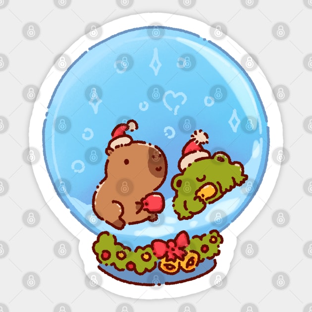 Capybara and a frog in a snow globe Sticker by Tinyarts